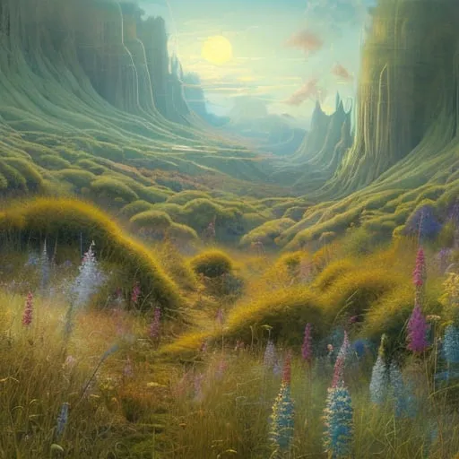 Prompt: Landscape painting, a hill with tall grass covered with bushes and wildflowers, dull colors, danger, fantasy art, by Hiro Isono, by Luigi Spano, by John Stephens