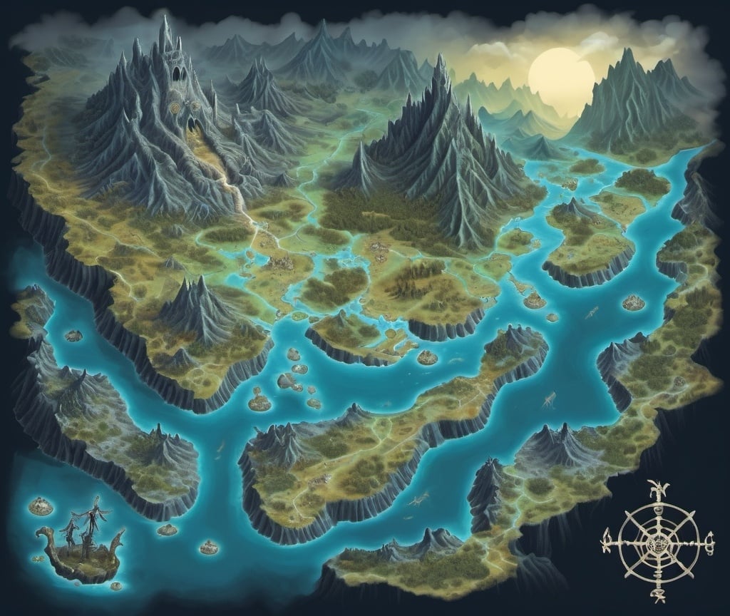 Prompt: Fantasy map, new land on a dead dragon's skeleton