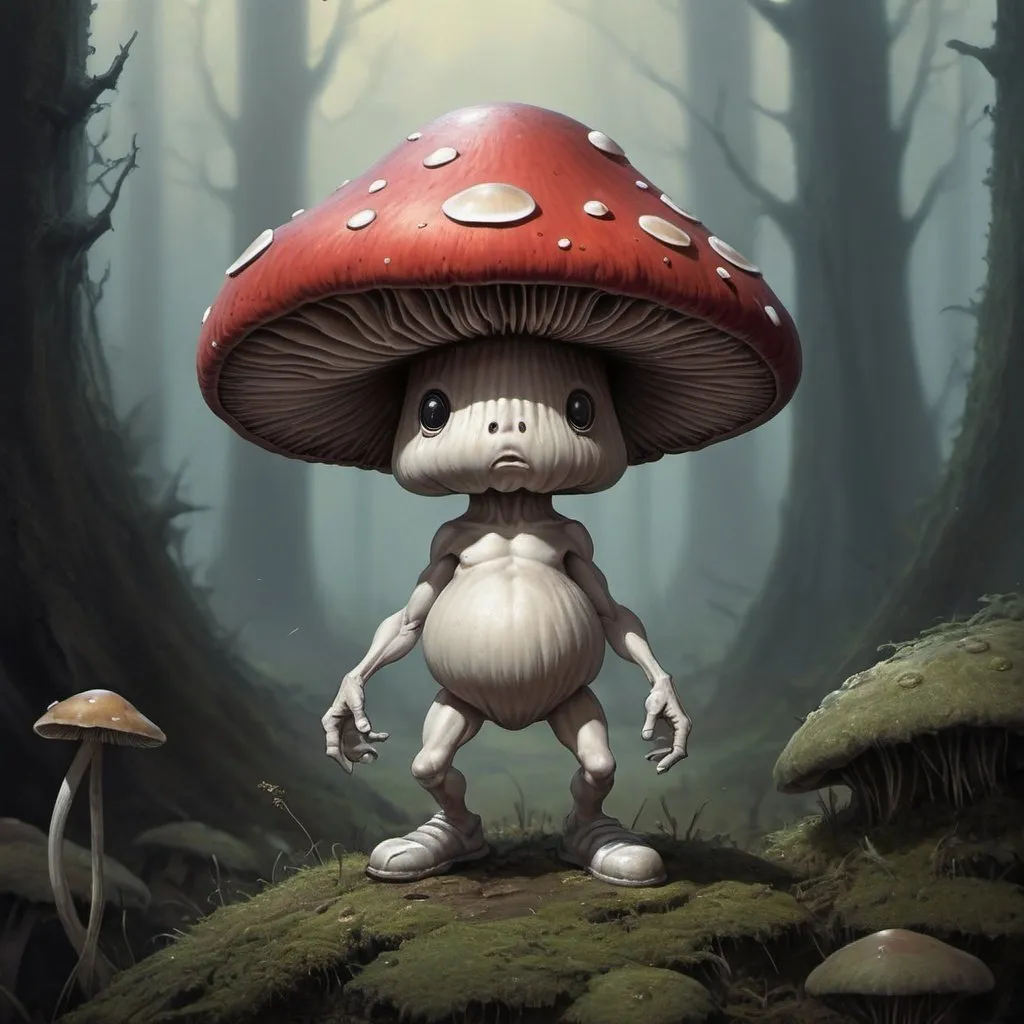 Prompt: Fantasy painting, a tiny mushroom-humanoid with mushroom hat, dull colors, danger, fantasy art, by Hiro Isono, by Luigi Spano, by John Stephens