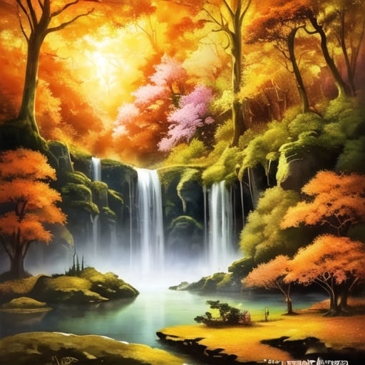 Prompt: Landscape painting, lush linden forest, small river, in autumn, sunlight, dull colors, danger, fantasy art, by Hiro Isono, by Luigi Spano, by John Stephens