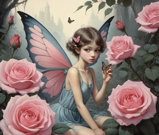 Prompt: Fantasy painting, a tiny fairy with butterfly wings, on a rose, dull colors, danger, fantasy art, by Hiro Isono, by Luigi Spano, by John Stephens