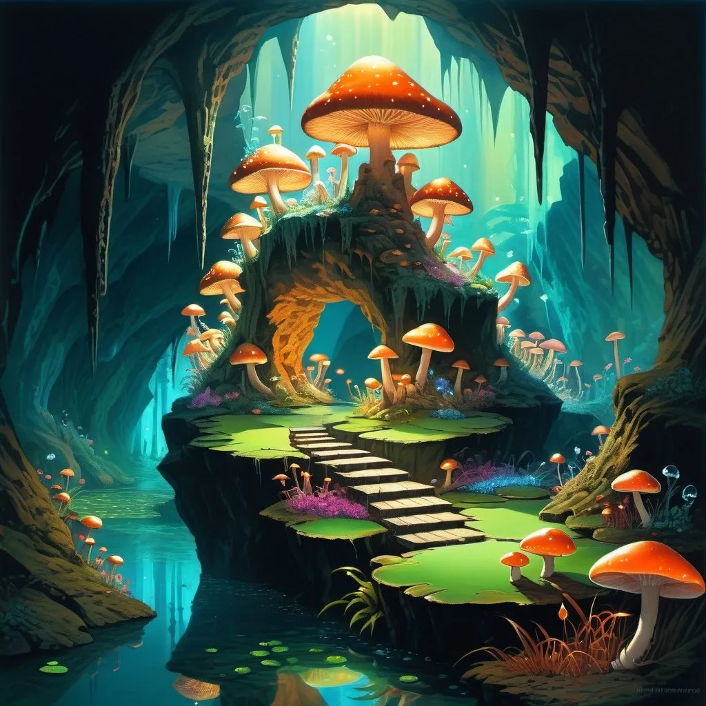 Prompt: Fantasy painting, a dark cave with a pond, illuminated by fluorescent mushrooms, centipedes, and crystals, dull colors, danger, fantasy art, by Hiro Isono, by Luigi Spano, by John Stephens