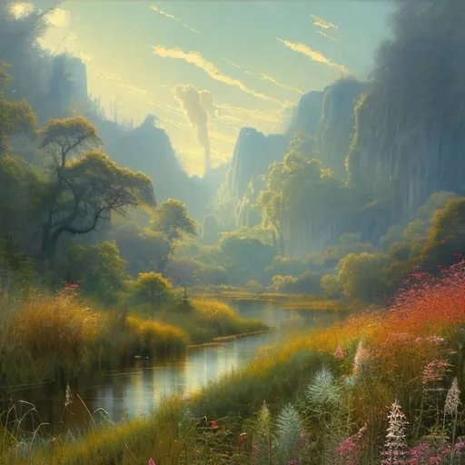 Prompt: Landscape painting, a riverbank with tall grass covered with bushes and wildflowers, dull colors, danger, fantasy art, by Hiro Isono, by Luigi Spano, by John Stephens