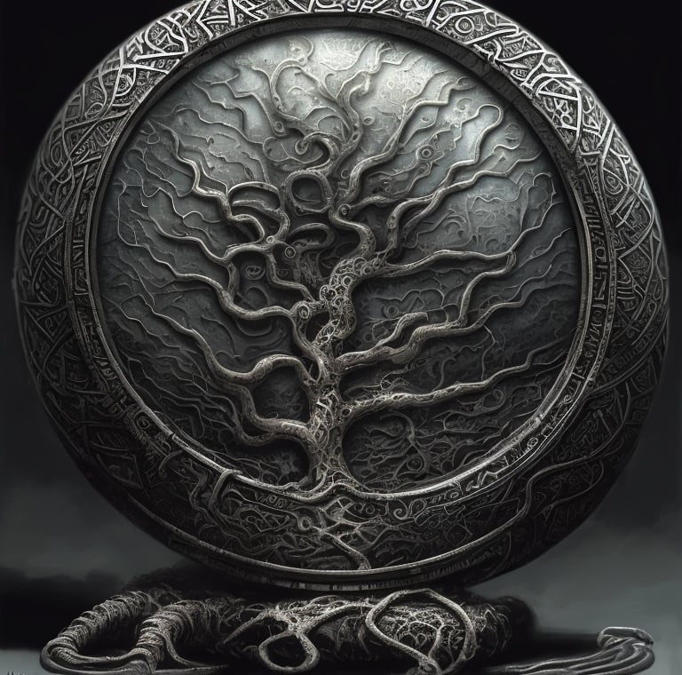 Prompt: Still life painting, a round silver amulet with an engraved tribal-like tree symbol on it, dull colors, danger, fantasy art, by Hiro Isono, by Luigi Spano, by John Stephens