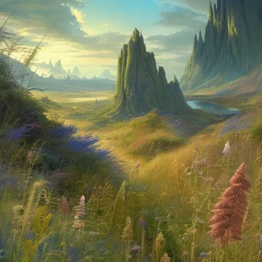 Prompt: Landscape painting, a hill with tall grass covered with bushes and wildflowers, dull colors, danger, fantasy art, by Hiro Isono, by Luigi Spano, by John Stephens