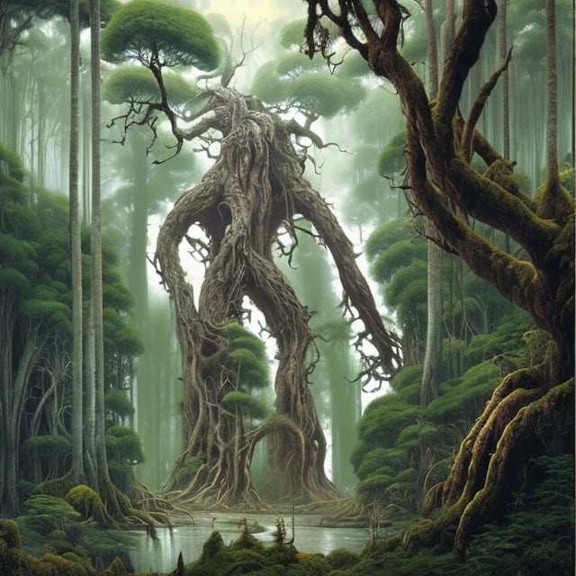 Prompt: Landscape painting, lush and dark forest, with a huge Ent, dull colors, danger, Lord of the Rings, fantasy art, by Hiro Isono, by Luigi Spano, by John Stephens