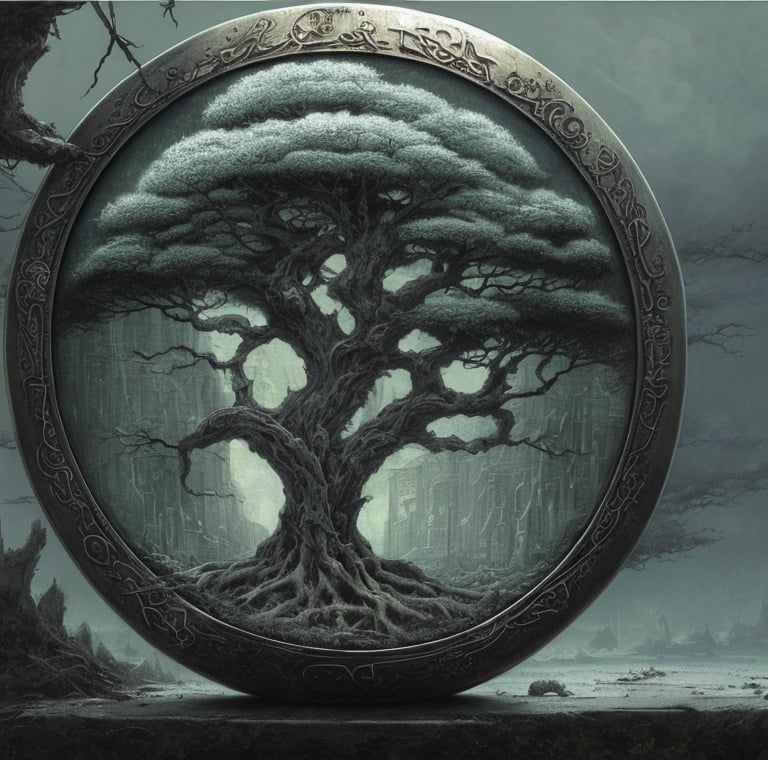 Prompt: Still life painting, a round silver amulet with an engraved tree symbol on it, dull colors, danger, fantasy art, by Hiro Isono, by Luigi Spano, by John Stephens