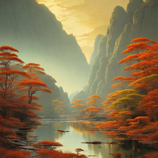 Prompt: Landscape painting, wide river with green water, swift water, golden and crimson acacia forest on the shore, dull colors, danger, fantasy art, by Hiro Isono, by Luigi Spano, by John Stephens