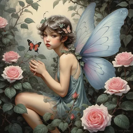 Prompt: Fantasy painting, a small fairy with butterfly wings, in a rosebush, dull colors, danger, fantasy art, by Hiro Isono, by Luigi Spano, by John Stephens