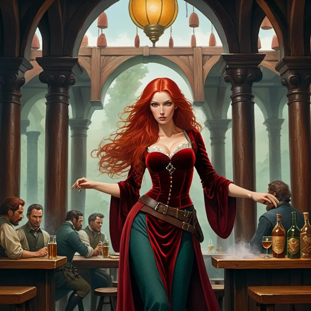 Prompt: Fantasy painting, a tall, beautiful woman with long red hair, dressed in velvet, in a tavern, dull colors, danger, fantasy art, by Hiro Isono, by Luigi Spano, by John Stephens