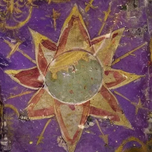 Prompt: An old fresco. A five-pointed star surrounded by fire, water waves, leaf prints, and flowers. The theme is purple.