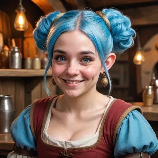 Prompt: Portrait of a female gnome with sky-blue hair in a large bun. Cheerful, in a medieval tavern.