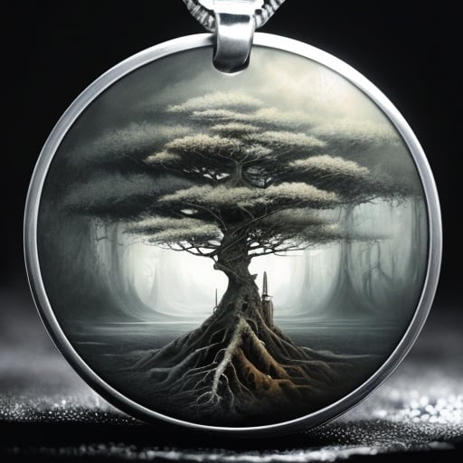 Prompt: Still life painting, a round silver amulet with an engraved tree symbol on it, dull colors, danger, fantasy art, by Hiro Isono, by Luigi Spano, by John Stephens