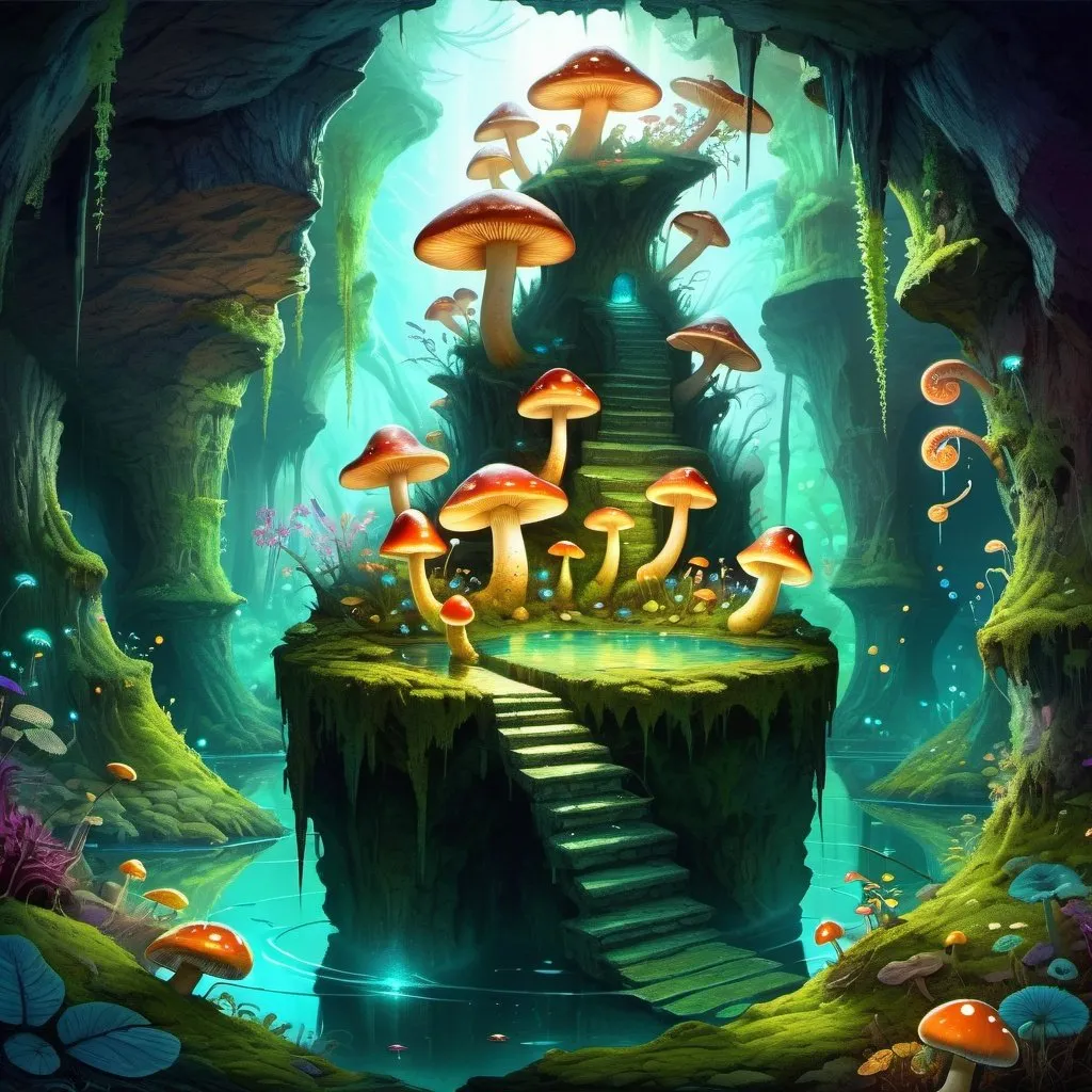 Prompt: Fantasy painting, a dark cave with a pond, illuminated by fluorescent crystals and mushrooms and moss, colorful snails and centipedes living here, dull colors, danger, fantasy art, by Hiro Isono, by Luigi Spano, by John Stephens