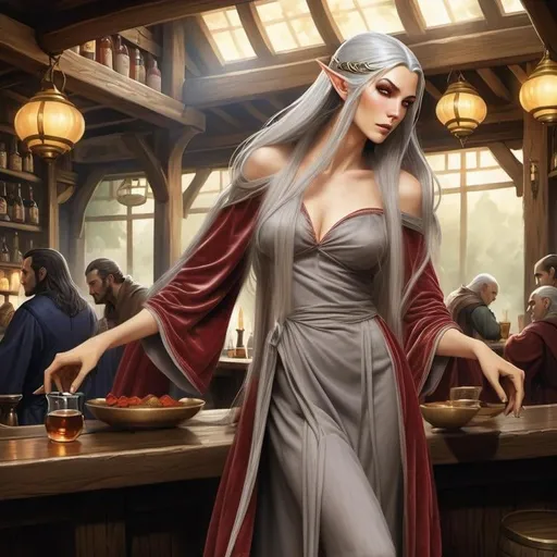 Prompt: Fantasy painting, a tall, beautiful elf woman with {long gray hair}, dressed in {a red velvet robe}, in a tavern, dull colors, danger, fantasy art, by Hiro Isono, by Luigi Spano, by John Stephens