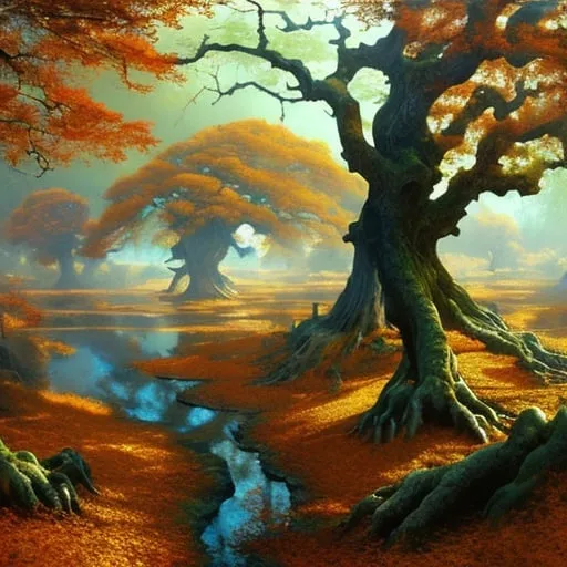 Prompt: Landscape painting, huge magical oak trees with golden leaves, dull colors, danger, fantasy art, by Hiro Isono, by Luigi Spano, by John Stephens