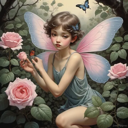 Prompt: Fantasy painting, a tiny fairy with butterfly wings, same size as a rose, in a rosebush, dull colors, danger, fantasy art, by Hiro Isono, by Luigi Spano, by John Stephens