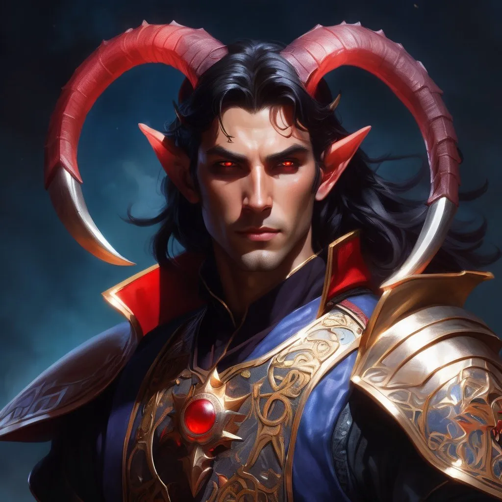 Prompt: Portrait of {young tiefling paladin} with {long black} hair, red eyes and with handsome face, perfect composition, hyperrealistic, super detailed, 8k, high quality, D&D, trending art, trending on artstation, sharp focus, studio photo, intricate details, highly detailed, by greg rutkowski
