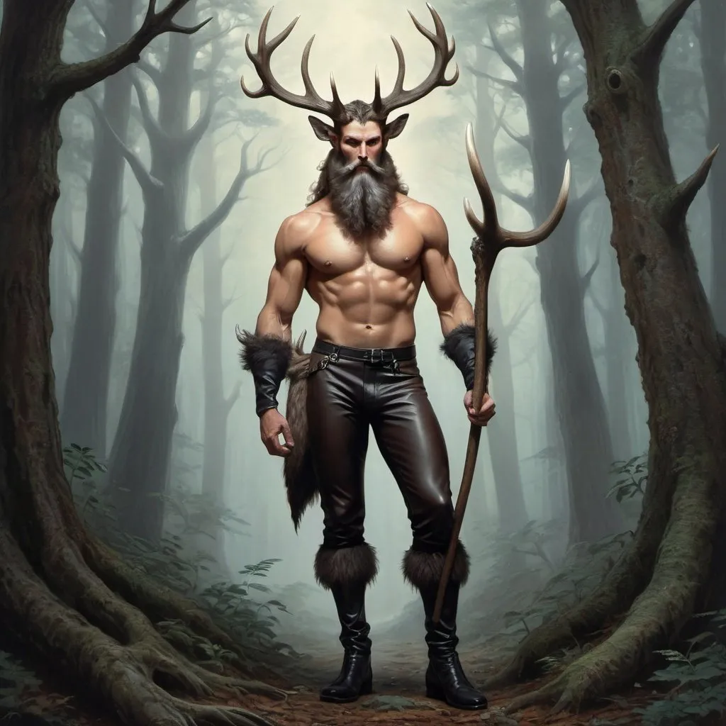 Prompt: Fantasy painting, a tall, mythical satyr with a long beard and large deer-like antlers, dressed in leather pants, in a dark forest, dull colors, danger, fantasy art, by Hiro Isono, by Luigi Spano, by John Stephens