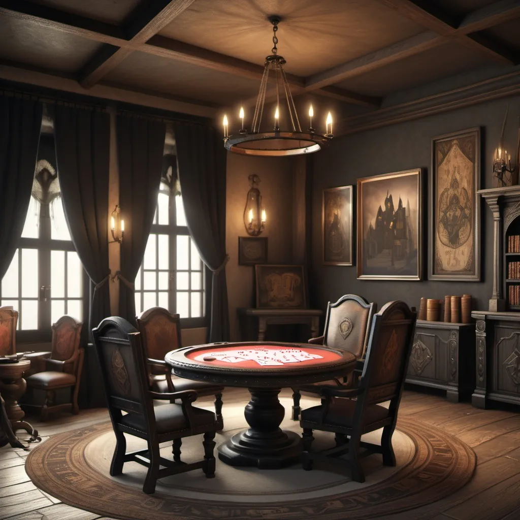 Prompt: Scene, medieval game room interior, with comfortable furniture, table with playing cards and high back chairs, black curtains. Elegant, heat, dull colors, by Hiro Isono, by Luigi Spano, by John Stephens