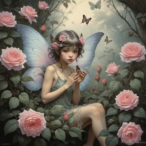 Prompt: Fantasy painting, a small fairy with butterfly wings, in a rosebush, dull colors, danger, fantasy art, by Hiro Isono, by Luigi Spano, by John Stephens