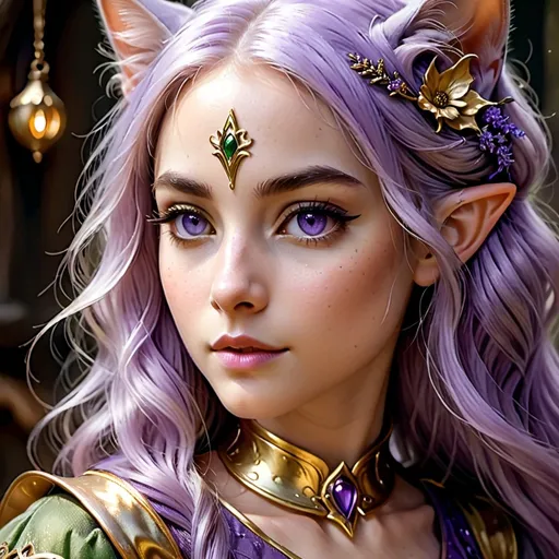 Prompt: Close portrait of an young female elf with {long lavender-purple} hair and {gold cat-like eye} and a beautiful face, golden dress, perfect composition, hyperrealistic, super detailed, 8k, high quality, trending art, trending on artstation, sharp focus, studio photo, intricate details, highly detailed, by greg rutkowski