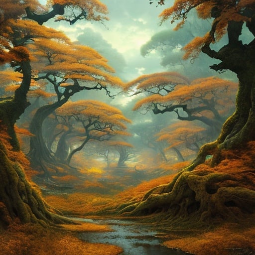 Prompt: Landscape painting, huge magical oak forest with golden leaves, dull colors, danger, fantasy art, by Hiro Isono, by Luigi Spano, by John Stephens