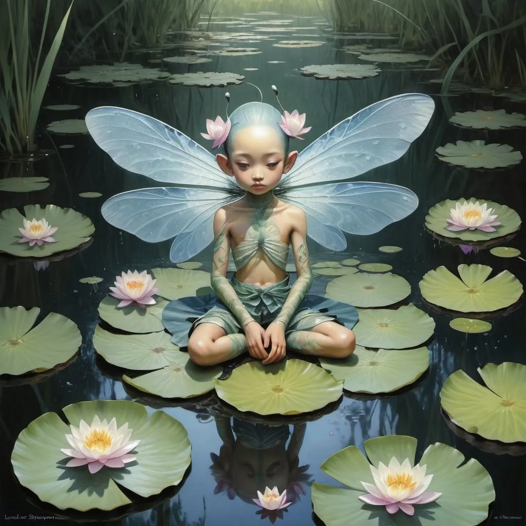 Prompt: Fantasy painting, a tiny humanoid dressed in waterlily petals and was dragonfly wings, on a small pond with waterlilies, dull colors, danger, fantasy art, by Hiro Isono, by Luigi Spano, by John Stephens