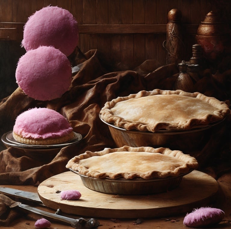 Prompt: Still life painting, a pie with fluffy pink filling, on a wooden plate, rustic, tribal, dull colors, danger, fantasy art, by Hiro Isono, by Luigi Spano, by John Stephens