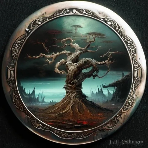 Prompt: Still life painting, a round silver amulet with a carved tree symbol on it, dull colors, danger, fantasy art, by Hiro Isono, by Luigi Spano, by John Stephens