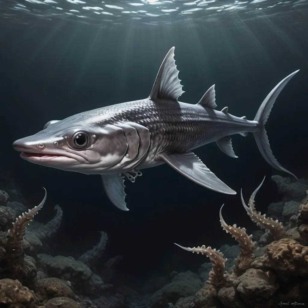 Prompt: Fantasy portrait, a {Spiny dogfish} with black scales and two long tentacles on their tails, deep underwater, danger, fantasy art, by Hiro Isono, by Luigi Spano, by John Stephens