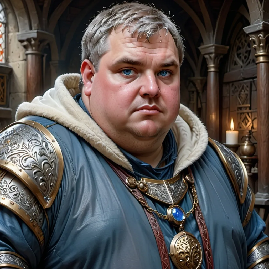 Prompt: Portrait of a fat medieval {middle-aged human man} with {short graying} hair, blue eyes, chubby body, and with expensive clothes, perfect composition, hyperrealistic, super detailed, 8k, high quality, D&D, trending art, trending on artstation, sharp focus, studio photo, intricate details, highly detailed, by greg rutkowski