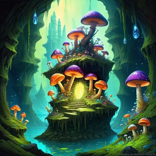 Prompt: Fantasy painting, a dark cave, illuminated by fluorescent crystals and mushrooms and moss, colorful snails and centipedes living here, dull colors, danger, fantasy art, by Hiro Isono, by Luigi Spano, by John Stephens