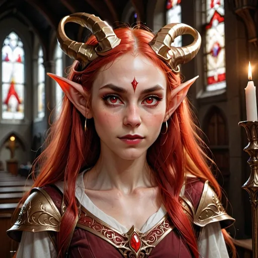 Prompt: Portrait of {a beautiful adult woman with red skincolor} and {long golden} hair, red eyes, elf ears, and perfect face, with huge red horns,  in a dark church, perfect composition, hyperrealistic, super detailed, 8k, high quality, D&D, trending art, trending on artstation, sharp focus, studio photo, intricate details, highly detailed, by greg rutkowski