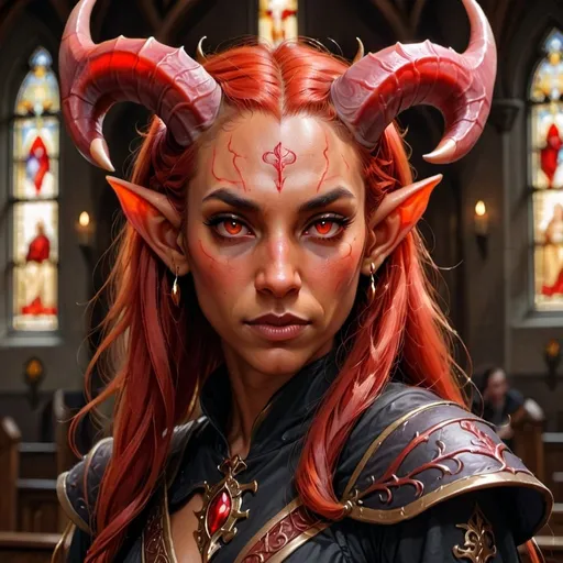 Prompt: Portrait of {an adult tiefling woman } with {long golden} hair, red eyes and red skin color, elf ears, and perfect face, with huge red horns,  in a dark church, perfect composition, hyperrealistic, super detailed, 8k, high quality, D&D, trending art, trending on artstation, sharp focus, studio photo, intricate details, highly detailed, by greg rutkowski