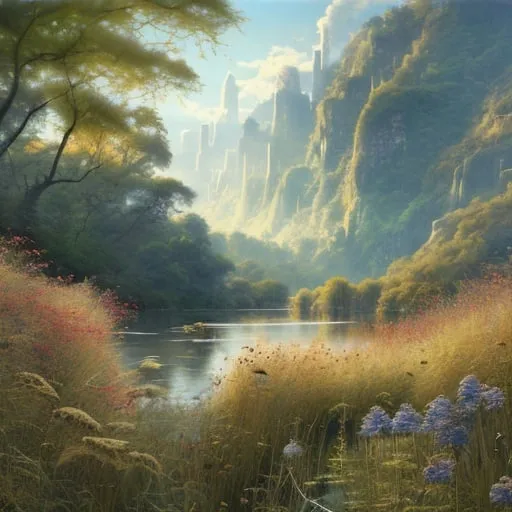 Prompt: Landscape painting, a riverbank with tall grass covered with bushes and wildflowers, dull colors, danger, fantasy art, by Hiro Isono, by Luigi Spano, by John Stephens