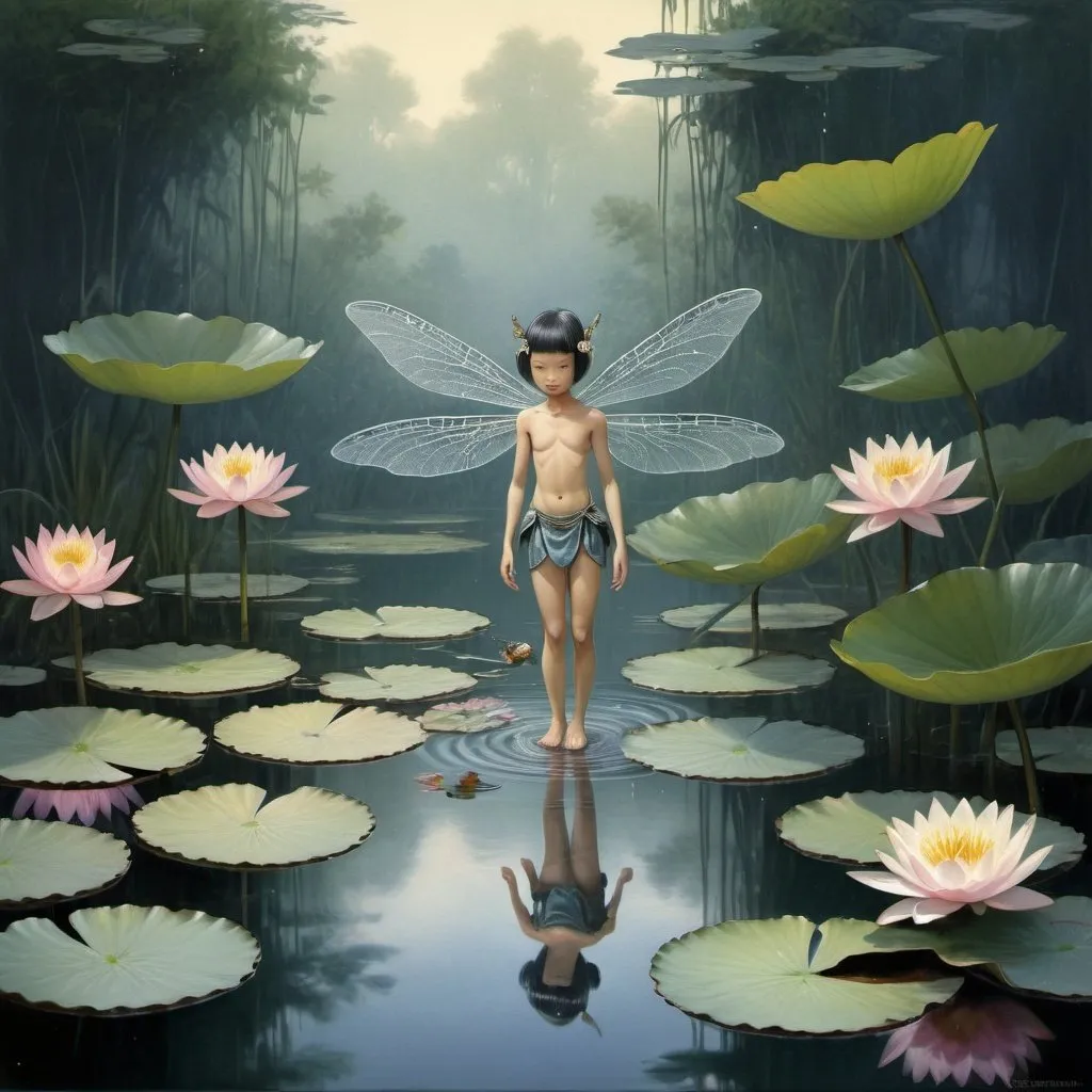 Prompt: Fantasy painting, a tiny humanoid with waterlily dess and dragonfly wings, on a small pond with waterlilies, dull colors, danger, fantasy art, by Hiro Isono, by Luigi Spano, by John Stephens