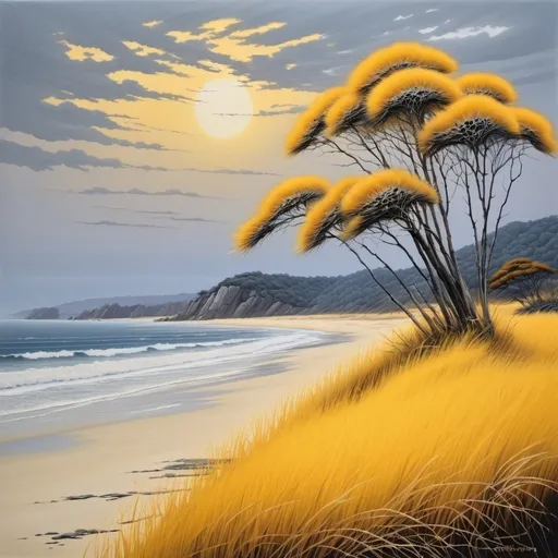 Prompt: Landscape painting, endless savanna with tall yellow grass meets the ocean shore, bare trees, heat, dull colors, danger, by Hiro Isono, by Luigi Spano, by John Stephens