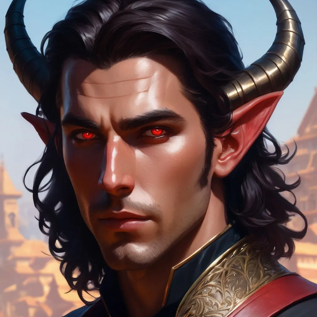 Portrait of {young tiefling paladin} with {long blac...