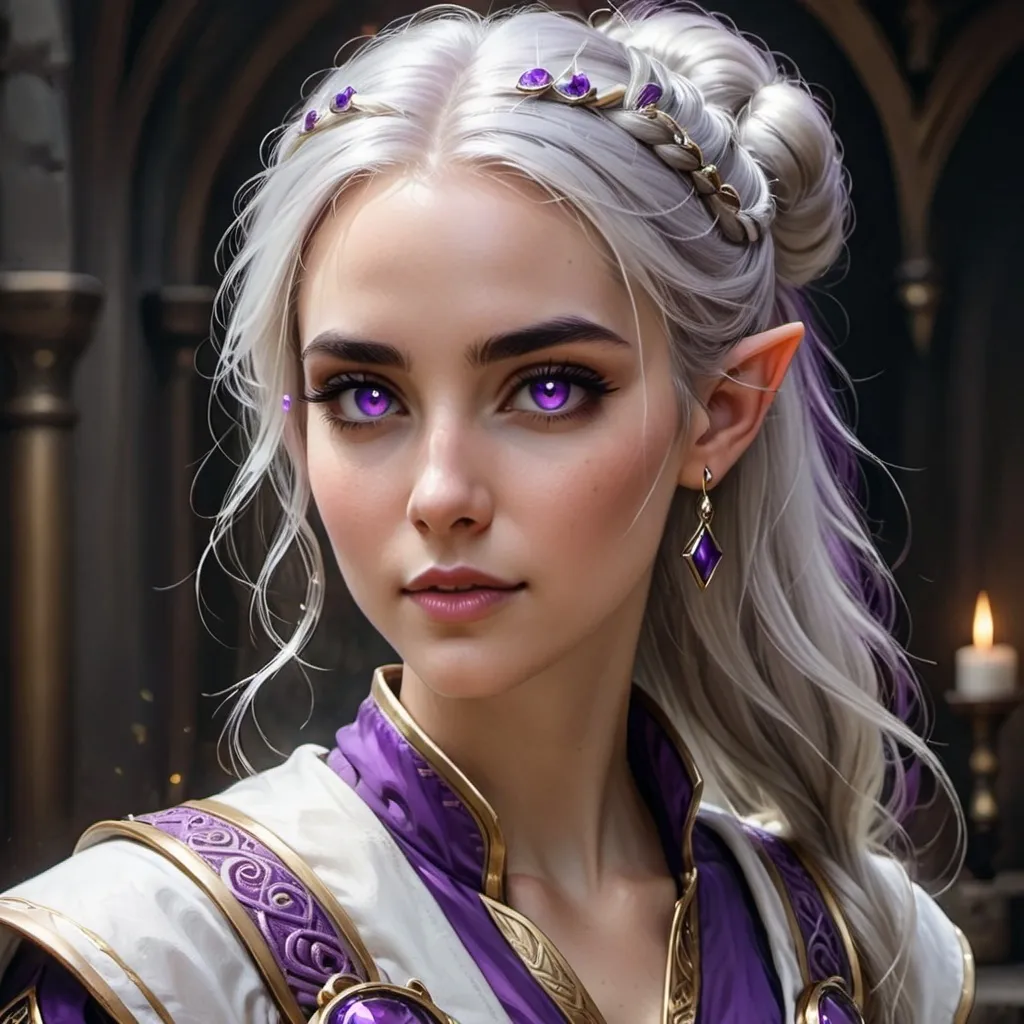 Prompt: Portrait of a noble {half-elf adult woman} with {long silver} hair in a large bun, purple eyes, light makeup and with pretty face, expensive jewelry, perfect composition, hyperrealistic, super detailed, 8k, high quality, D&D, trending art, trending on artstation, sharp focus, studio photo, intricate details, highly detailed, by greg rutkowski