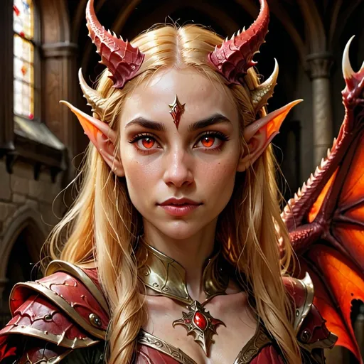 Prompt: Portrait of {abeautiful adult elf woman} with {long golden} hair, red eyes, and perfect face, with huge red horns and dragon-like wings,  in a dark church, perfect composition, hyperrealistic, super detailed, 8k, high quality, D&D, trending art, trending on artstation, sharp focus, studio photo, intricate details, highly detailed, by greg rutkowski