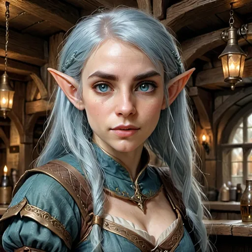 Prompt: Close portrait of an young female elf  with {long baby-blue} hair and {golden eye} and a beautiful face, medieval dress, in a tavern, perfect composition, hyperrealistic, super detailed, 8k, high quality, trending art, trending on artstation, sharp focus, studio photo, intricate details, highly detailed, by greg rutkowski