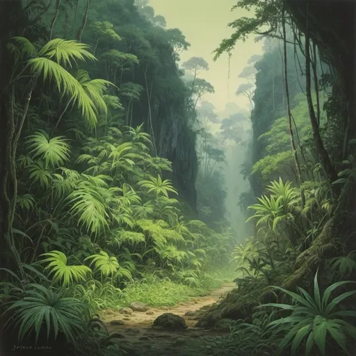 Prompt: Landscape painting, green jungle, heat, dull colors, danger, by Hiro Isono, by Luigi Spano, by John Stephens