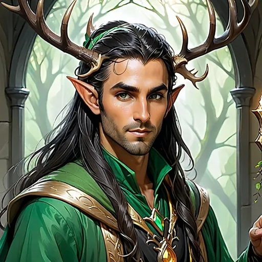 Prompt: Portrait of an Elf warlock with golden brown skin, long black hair, a handsome face, a small beard, and elk antlers on his head. He wears a green robe. He is in a ballroom.