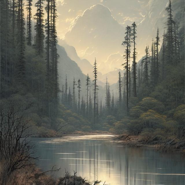 Prompt: Landscape painting, wide gray river, slow water, lush pine forest on the shore, dull colors, danger, fantasy art, by Hiro Isono, by Luigi Spano, by John Stephens