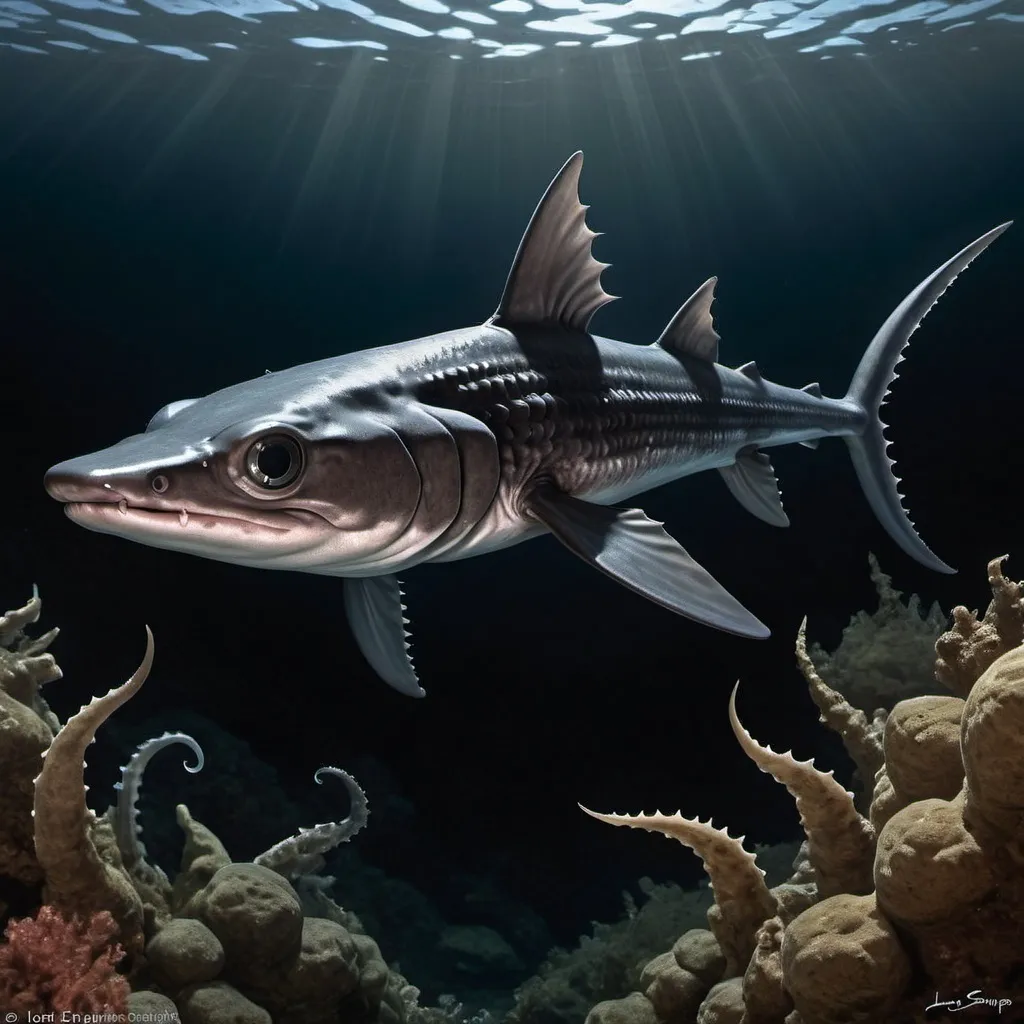 Prompt: Fantasy portrait, a {Spiny dogfish with black scales and two long tentacles on their tails}, deep underwater, danger, fantasy art, by Hiro Isono, by Luigi Spano, by John Stephens