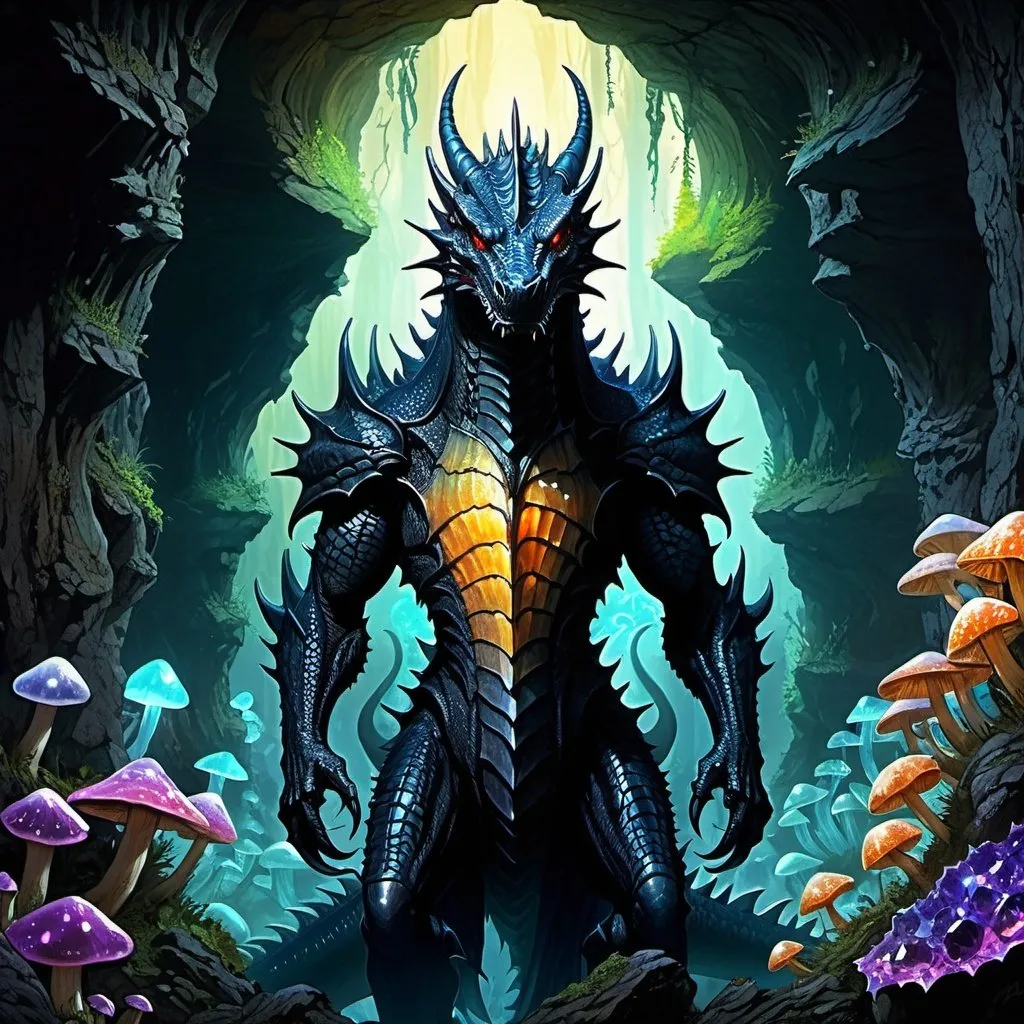 Prompt: Fantasy painting, an old black dragon, in a dark cave illuminated by fluorescent mushrooms, centipedes, and crystals, dull colors, danger, fantasy art, by Hiro Isono, by Luigi Spano, by John Stephens