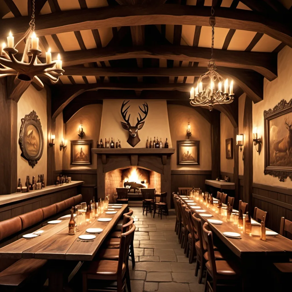 Prompt: Scene, huge meadhall, medieval tavern interior, with wainscot walls and a huge fireplace, over the fireplace a large deer trophy. Long conuter and wooden tables and chairs. Peaceful, warm, dull colors, by Hiro Isono, by Luigi Spano, by John Stephens