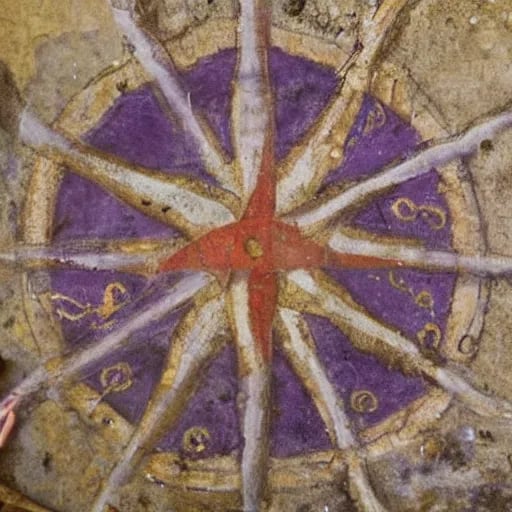 Prompt: An old fresco. A five-pointed star surrounded by waves, leaf prints, a skull, and flowers. The theme is purple.