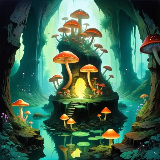 Prompt: Fantasy painting, a dark cave with a pond, illuminated by fluorescent mushrooms, centipedes, and crystals, dull colors, danger, fantasy art, by Hiro Isono, by Luigi Spano, by John Stephens